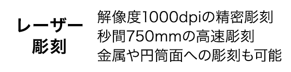 レーザー彫刻。解像度1000dpiの精密彫刻、秒間750mmの高速彫刻、金属や円筒面への彫刻も可能